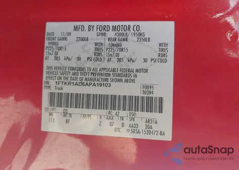 2010 Ford Ranger Xl/Xlt z USA, uszkodzony, nr VIN 1FTKR1AD6APA19103